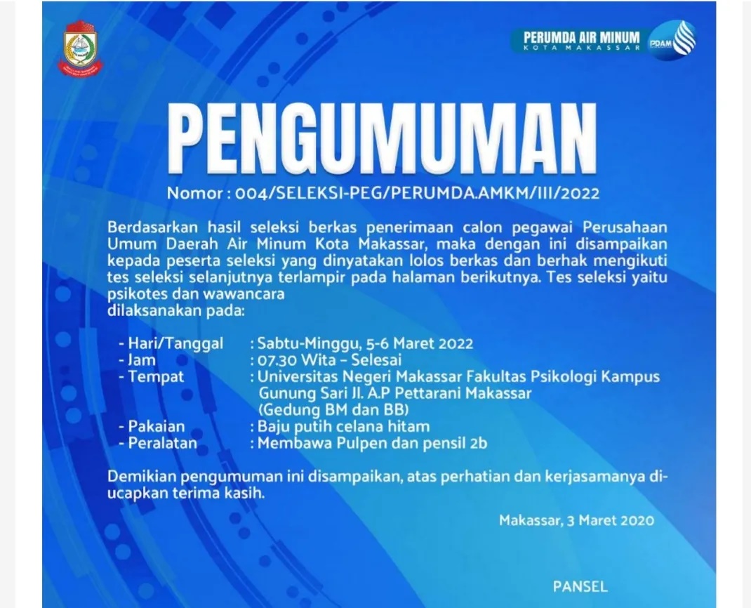 Perekrutan PDAM Makassar: 4.823 Pendaftar, 872 Dinyatakan Lolos Seleksi Berkas